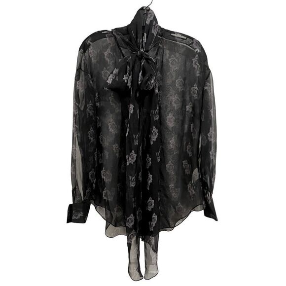 JOSH GOOT Sheer Black Roses Print Blouse with Necktie Bow, M, NEW - Picture 1 of 3